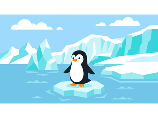 Obraz premium A cute cartoon penguin standing on a small floating ice floe in the ocean.