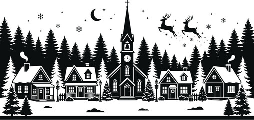 Peaceful winter village scene with a majestic church snow-covered houses and flying reindeer under © Mehedi