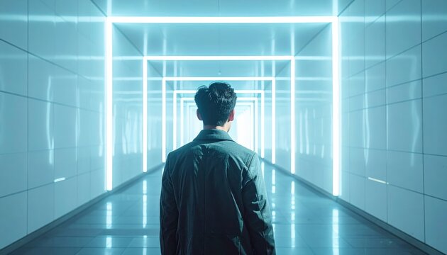 Person walking through a futuristic glowing light tunnel in a modern hallway