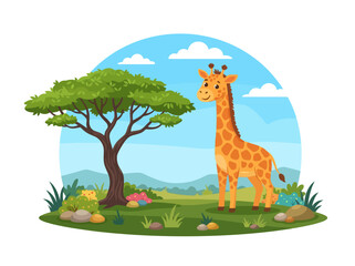Obraz premium A friendly cartoon giraffe standing gracefully in a vibrant savanna landscape.