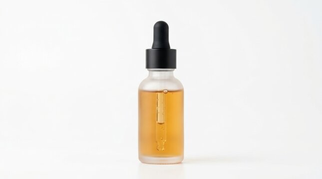 Amber serum in frosted glass bottle with black dropper skincare product presentation
