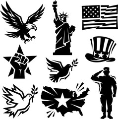 Fototapeta premium Collection of patriotic American symbols including eagle Statue of Liberty flag and soldier saluting against white background