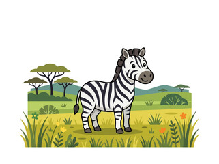 Obraz premium A cute cartoon zebra standing in a grassy savanna landscape.