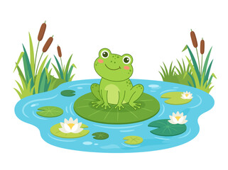 Fototapeta premium A cute green cartoon frog sitting peacefully on a large lily pad in a pond.