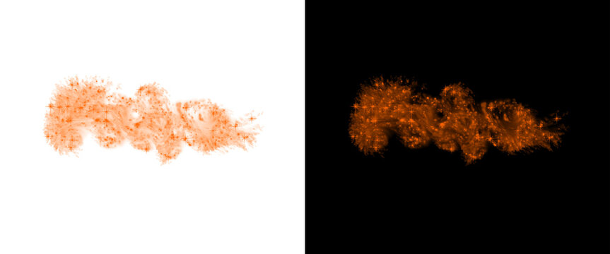 Orange smoke explosion on white and black background, vibrant fire cloud burst, abstract colorful powder splash for creative design overlays