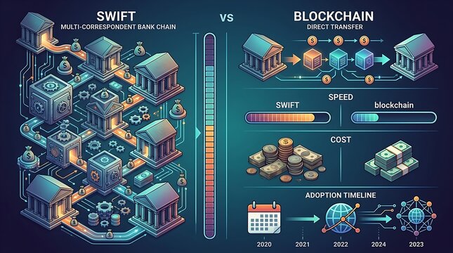 Traditional banking network versus blockchain transfer comparison