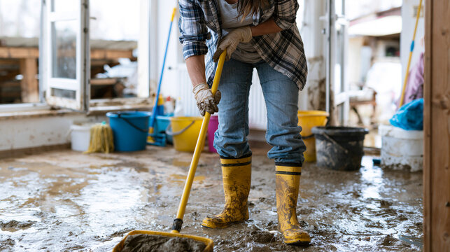Person wearing yellow rubber boots and gloves mopping a muddy flooded floor inside a damaged room with cleaning buckets nearby.