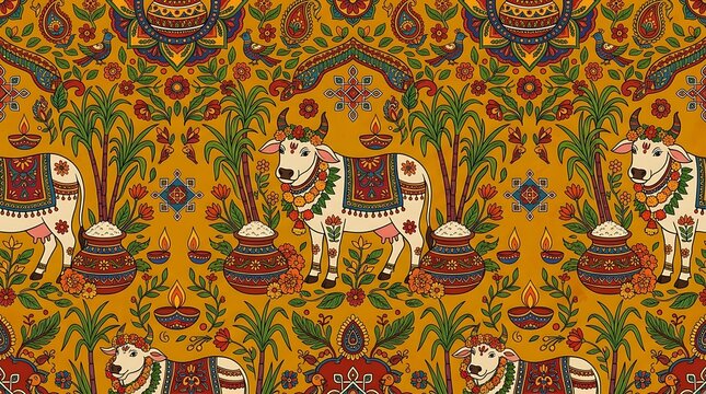 Traditional indian seamless pattern with holy cows and harvest motifs