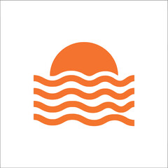 Stylized orange sun setting over wavy water lines, simple graphic element for nature or travel themes © otak