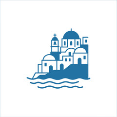 Traditional blue and white Greek island village with whitewashed buildings and blue domes overlooking the sea, iconic Mediterranean architecture, travel destination © otak