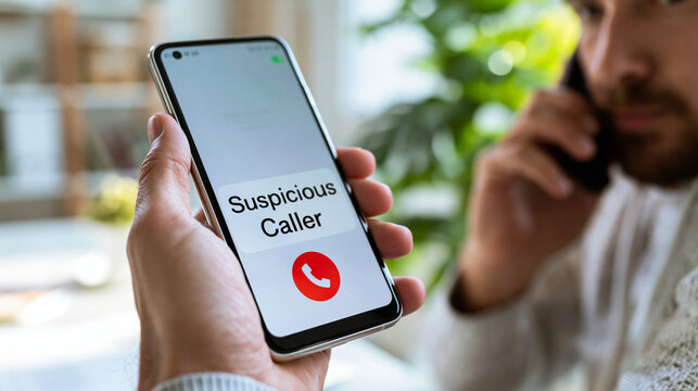 Close-up of a hand holding a smartphone with a suspicious caller warning on screen, while a man talks on another phone in the background.