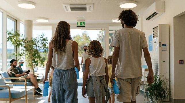 Family walking into an indoor cooling center with people seated in the background and wall fans for heat relief.