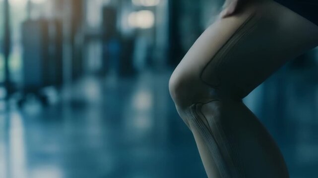 selective focus person bending knee with glowing inflammation and pain effect