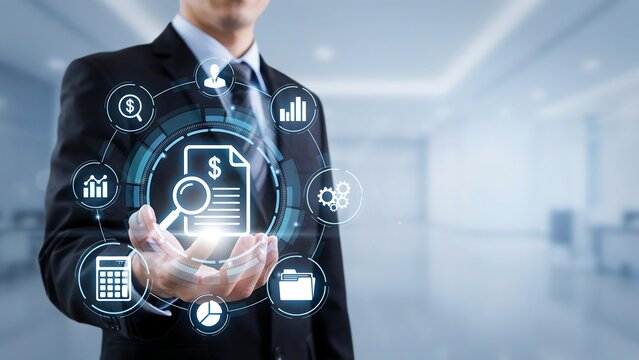 Businessman presenting digital financial audit interface with business document icons