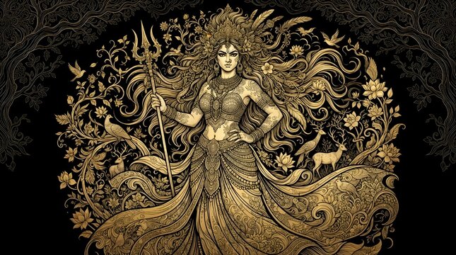 Hidimba Goddess Holding Trident Divine Indian Mythology Golden Illustration