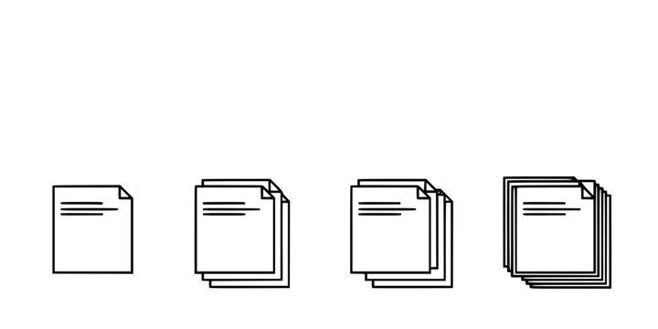 Documents in a Row with Increasing Number of Pages, Each Representing an Ideogram Concept Featuring Document, Illustration