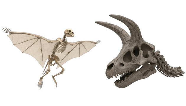 Pterodactyl and Dinosaur Skull Skeletons Side by Side