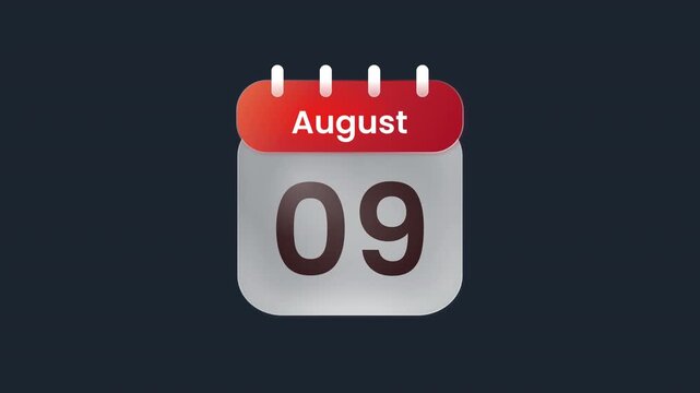 Looping August Calendar Date 09 9th Animation with Realistic Monthly Planner Icon Prores Alpha Channel 4K 60fps