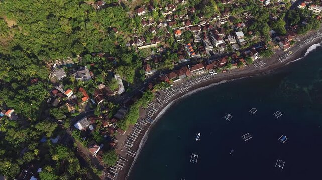 Drone Rising From Amed Bay Revealing Mount Agung Volcano Bali Coastline.