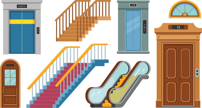 Elevator doors and escalator vector illustration set featuring wooden stairs vintage lifts modern building architecture steps and interior design elements isolated on white background