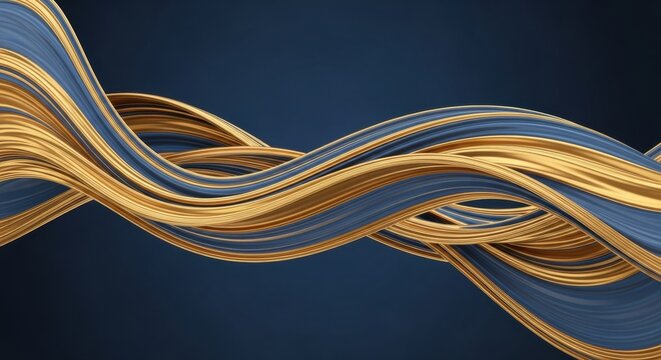 3D render of abstract flowing wave patterns featuring interlocking gold metallic and dark blue glossy ribbons with parallel textured lines on a dark blue gradient background.