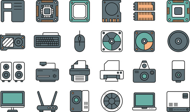 Computer hardware vector icon set featuring cpu processors ram modules hard drives graphic cards monitors printers and tech peripherals isolated on white background