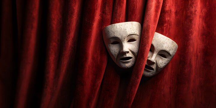 Two theater masks peeking through red velvet curtains.