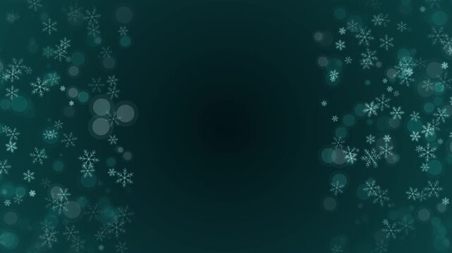 Winter Snowflake Border Background. Beautiful deep teal animation featuring soft falling snowflakes and glowing bokeh particles along the edges. Ideal for festive holiday cards and intros.