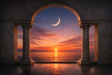 Obraz premium Serene sunset through ancient archway.
