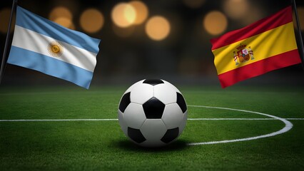 Naklejka premium Soccer ball on green grass pitch with national flags of argentina and spain in background