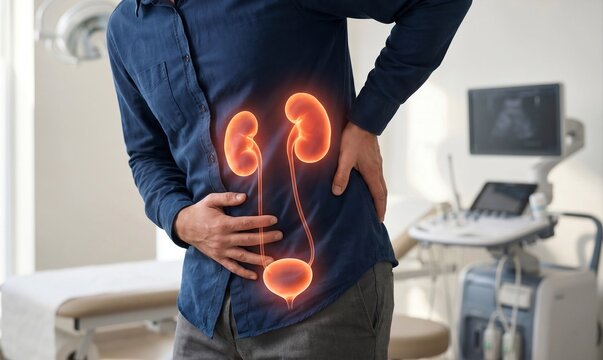 Man with Kidney Pain and Urinary System Anatomy Overlay Showing Kidneys Ureters and Bladder