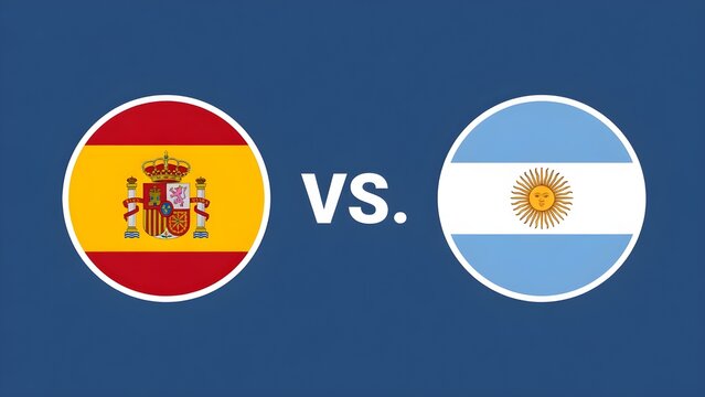 Spain vs argentina match with circular national flags on a dark blue background circle