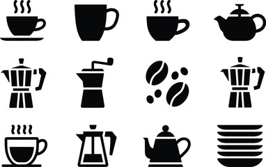 Obraz premium Coffee and tea brewing icons set featuring hot beverage cups moka pot french press coffee beans grinder kettle teapot and stacked plates silhouettes.