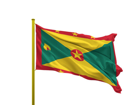 Grenada flag waving on a golden pole isolated on Transparent Background