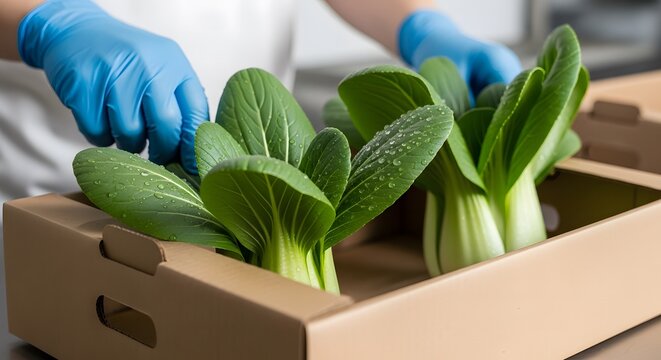 Person in blue gloves packing fresh green bok choy into a cardboard box for delivery.