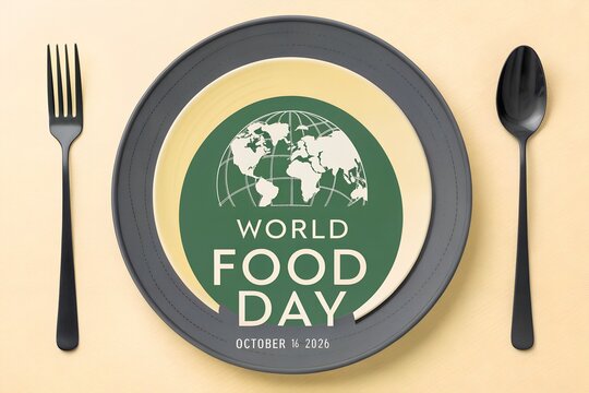 Elegant dark ceramic plate displaying a world food day design featuring a globe graphic with bold typography centered on a light beige table surface beside a black fork and spoon.