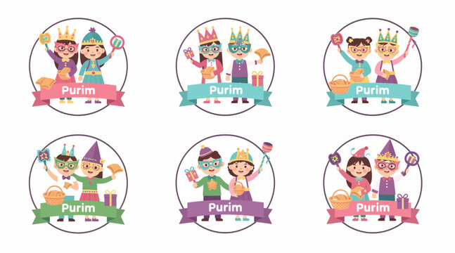 Purim festival cartoon characters with crown