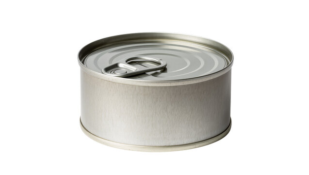 Isolated unbranded silver tin can with easy open pull tab on its lid, close up view