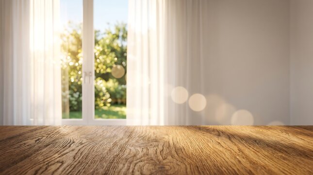Wooden table top for product mockup in bright sunny room with window and garden background for marketing and web banner