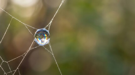 Obraz premium Dew drop with rainbow reflection on a delicate spider web