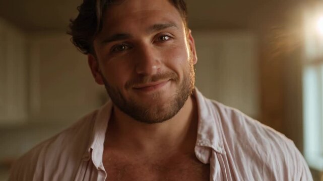 Portrait of a handsome young caucasian man with a beard and an unbuttoned shirt. A confident and attractive individual looking at the camera and smiling, bathed in the warm morning sunlight
