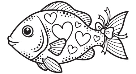 Fish Illustration With Hearts Black And White Line Art On White Background © JOHIRUL_STUDIO