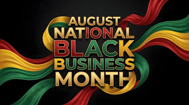 National Black Business Month banner template with elegant bold 3D typography and flowing ribbons on dark background