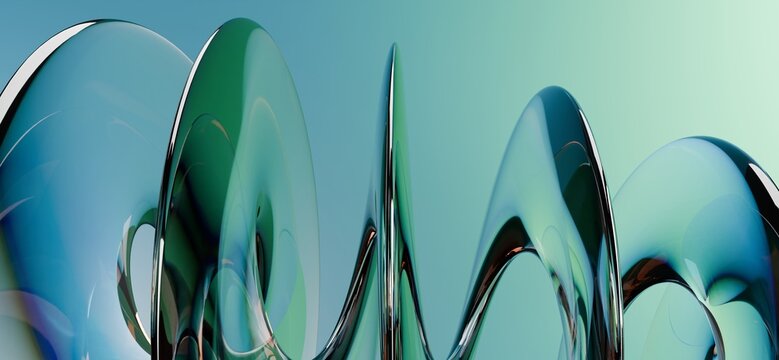 Elegant abstract 3D green glass waves flowing across soft gradient background minimalist commercial wallpaper