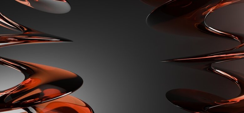 Dramatic abstract 3D copper metallic organic shapes floating on dark charcoal gray studio background wallpaper