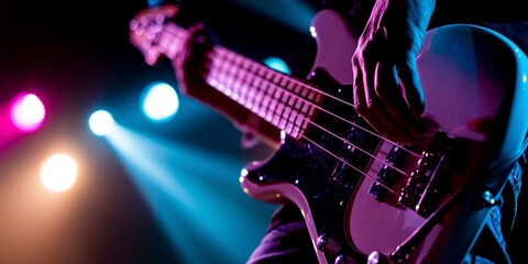 Obraz premium Vibrant stage performance featuring a white electric bass guitar illuminated by colorful blue and pink spotlights.