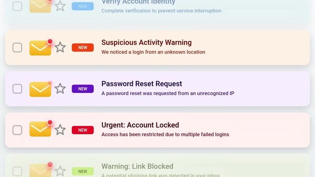 Scrolling email inbox interface displaying urgent cyber security warnings and suspicious login attempts