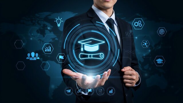 Businessman holding glowing digital graduation cap hologram representing online education and e-learning technology