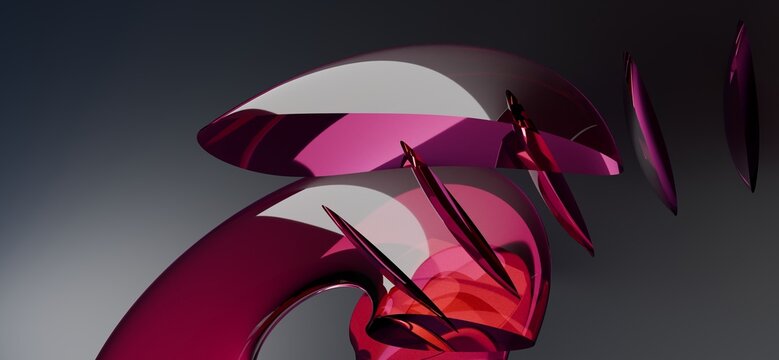 Futuristic 3D abstract dark metallic and crimson red curved shapes composition on corporate gray background