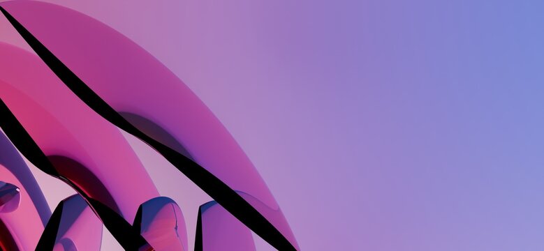 Abstract 3D transparent pink and purple glass layers wavy composition on soft purple studio background